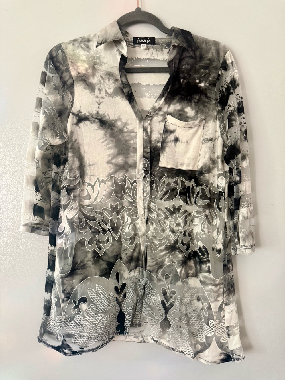 Fresh FX Tie Dye Laser Cut Lace Burnout Button Up Tunic Blouse Shirt Grey M